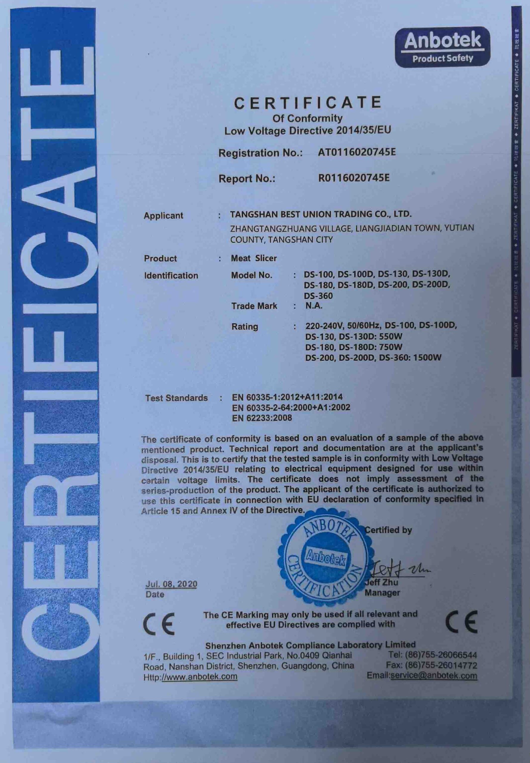 CE CERTIFICATE LVD